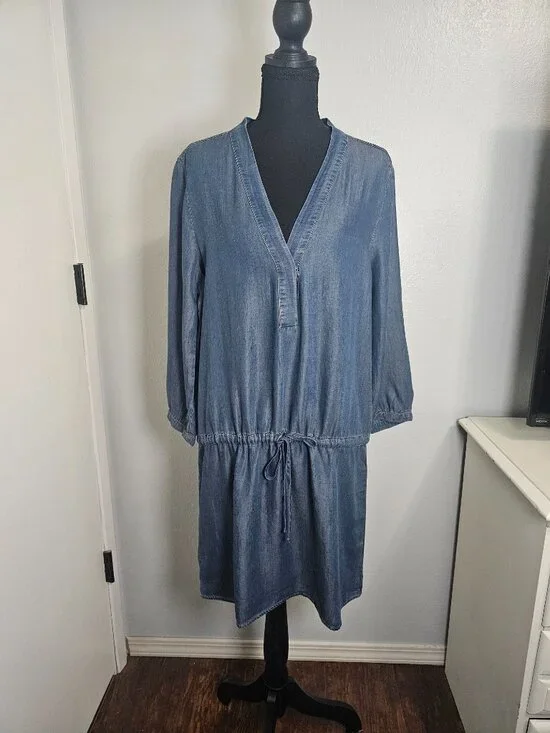GLAM American Made Tencel Soft Denim Drawstring Waist Dress 3/4 Sleeves Size M - Picture 2 of 8